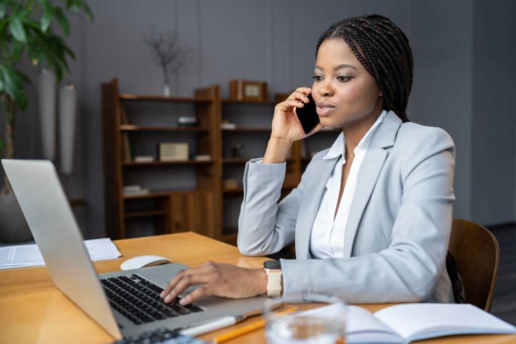 business woman communicate with warehouse customer client