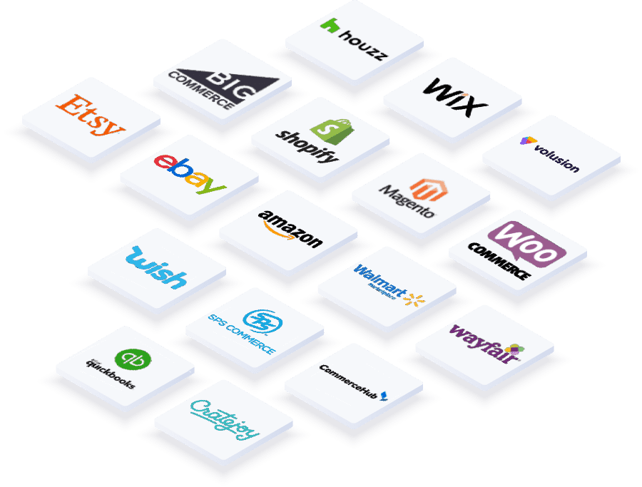 Shipedge integrations for 3pl list with amazon, shopify, magento, walmart, ebay, etsy, wish, quickbooks, wix, wayfair, woo commerce, and more